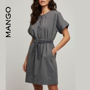 Sz S Mango 100% Cotton Pinstripe Button-Down Dress with Belt - Grey
